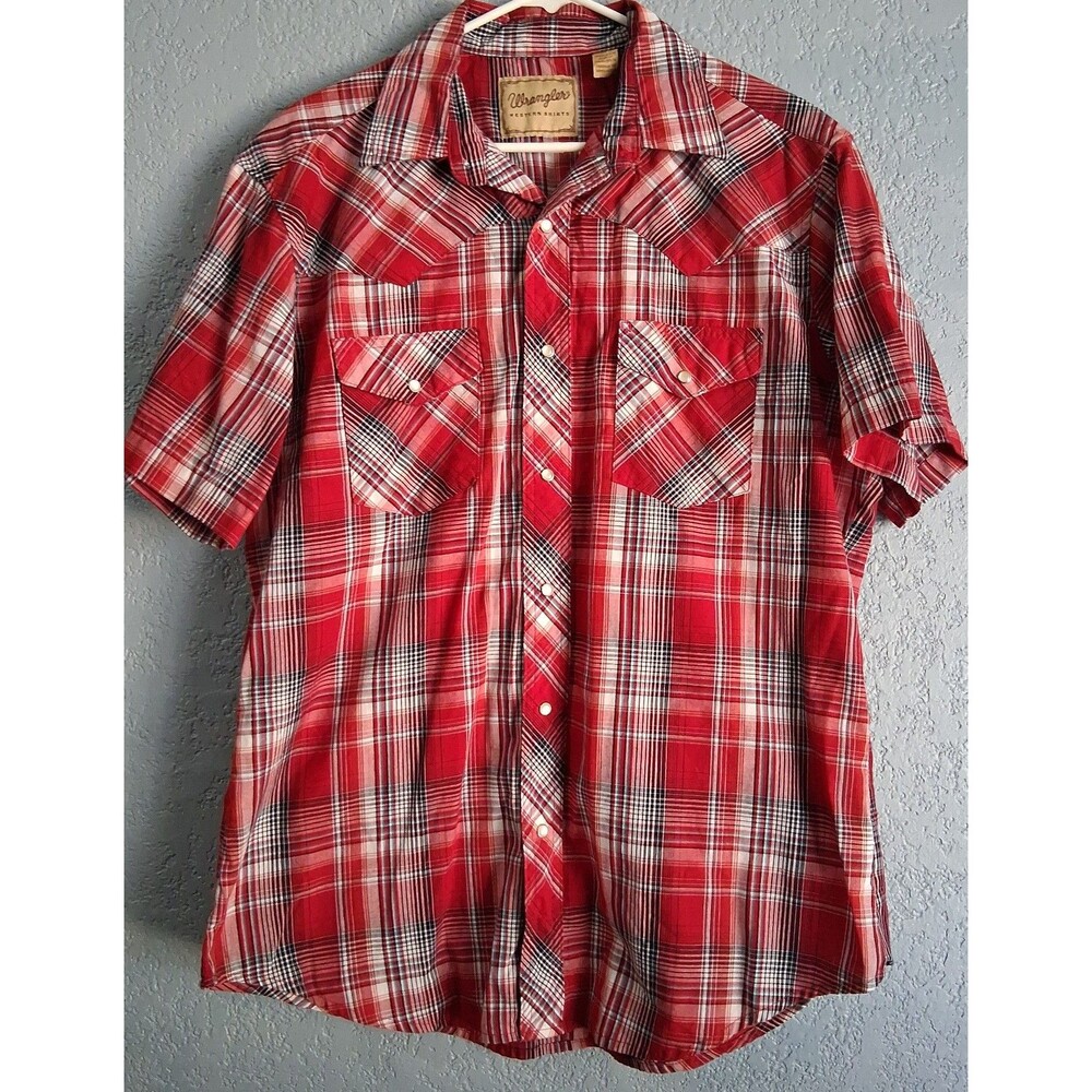 Wrangler Red Plaid Short Sleeve Pearl Snap Front Shirt Men's